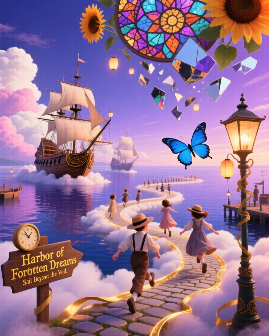 A floating harbor where boats sail through clouds instead of water drifts slowly across a lavender horizon, while children run along paths that curve into the sky.
