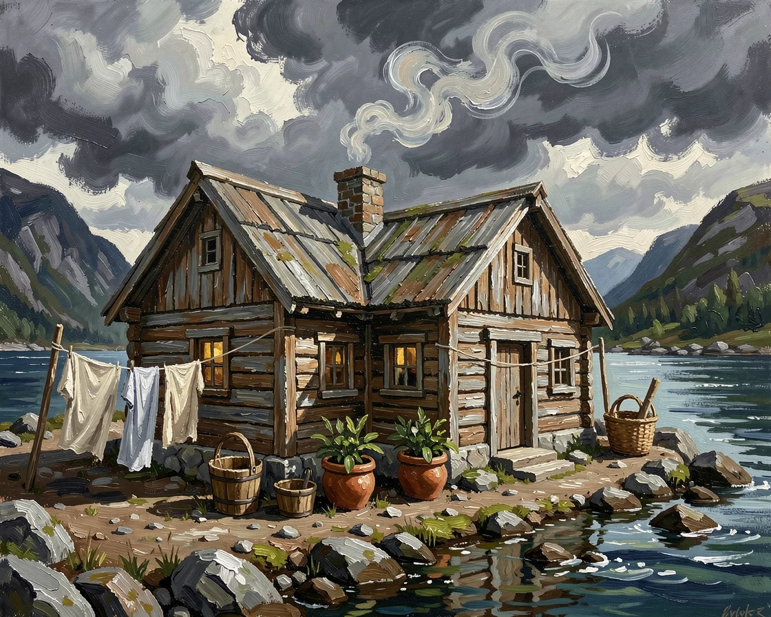 A weathered Viking longhouse stands reconstructed on a Norwegian fjord, smoke rising from its roof beneath dramatic storm clouds, small everyday details, like drying laundry or potted plants, giving the scene a lived-in warmth.