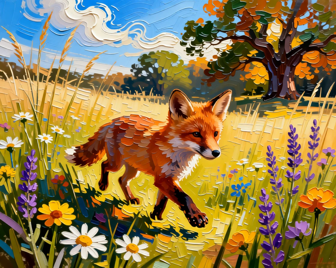 A heartwarming photo of a fox kit taking its first wobbly steps in a sunlit meadow