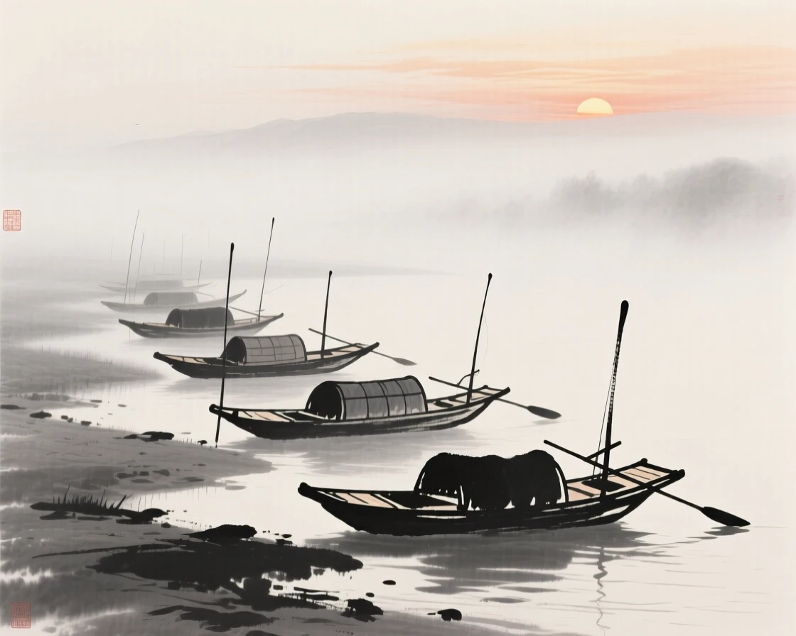 A row of small fishing boats rests along a misty shoreline, beneath a sky painted with the colors of sunset.