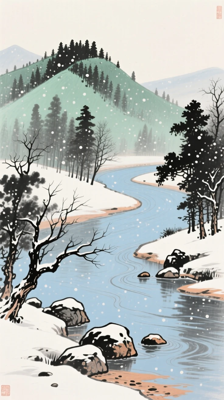 A quiet cove where a river bends around a wooded hill, with the sound of water echoing softly against stone, beneath softly falling snow, under the first snow of winter.