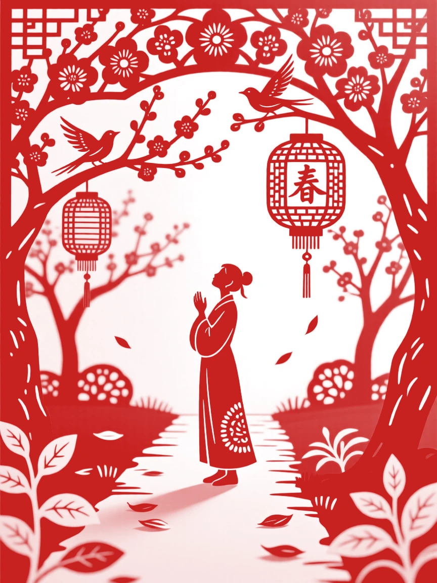 A Spring scene of a garden path lined with blossoming trees, a lone figure pausing to take in the view.