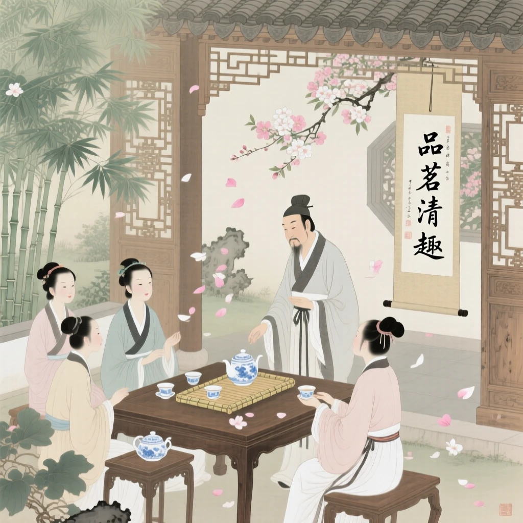 A tea ceremony performed for honored guests in a garden pavilion, surrounded by falling flower petals