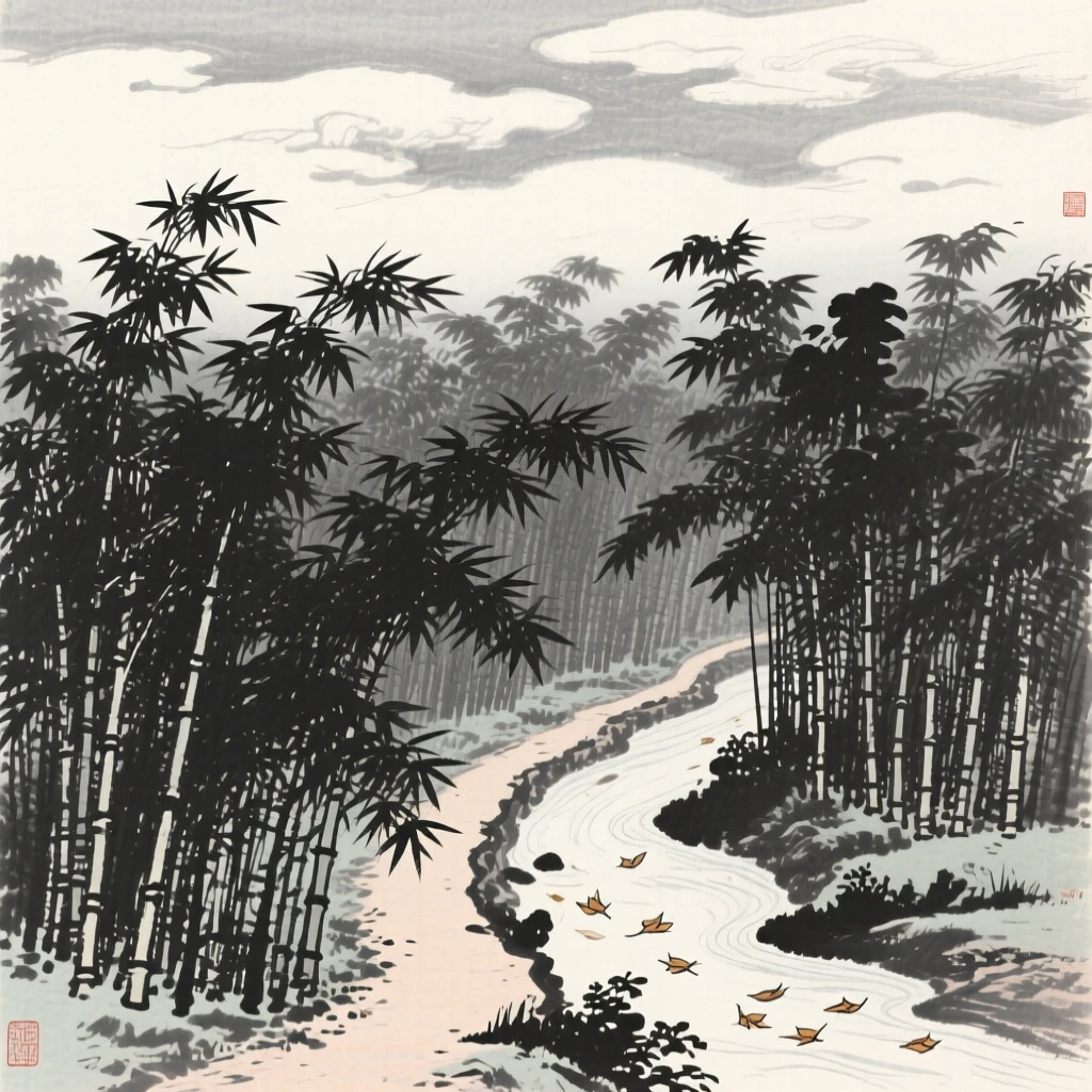 A dense bamboo grove swaying beside a narrow footpath beneath a canopy of drifting cloud banks, viewed from a high vantage point looking down across the whole scene, with a scattering of fallen leaves carried on the current, evoking a deep sense of solitude and quiet grandeur.