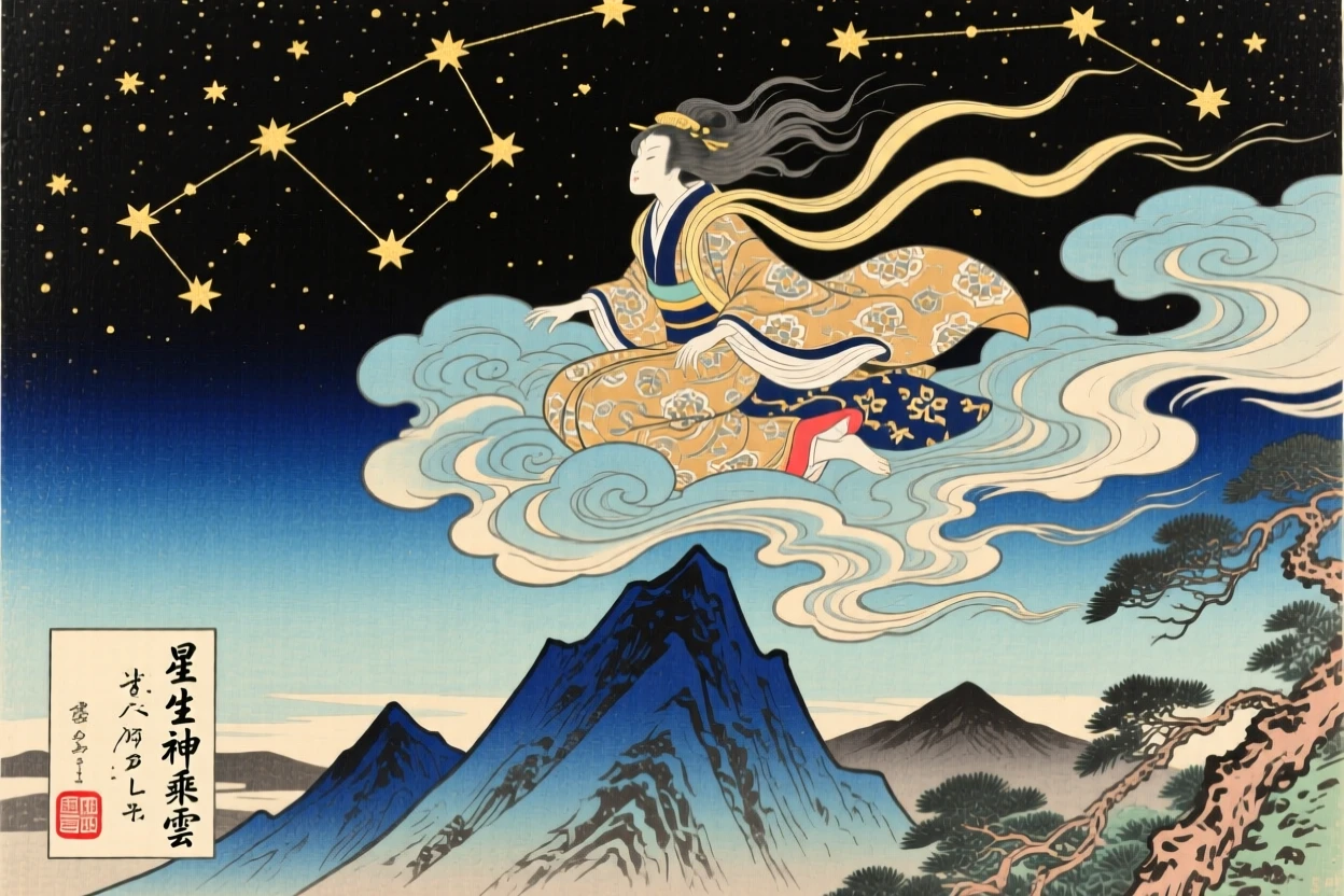 A star-born deity riding a swirling storm cloud above the peaks.