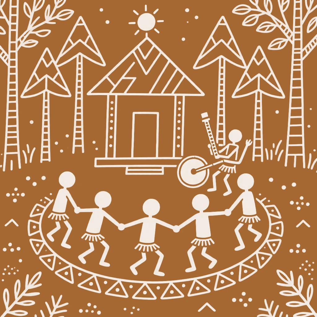 A group of dancers performing a ritual dance at a small forest shrine.