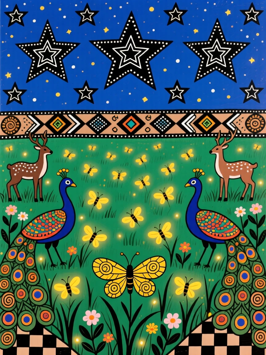 A firefly-lit meadow beneath a wide starry summer sky.