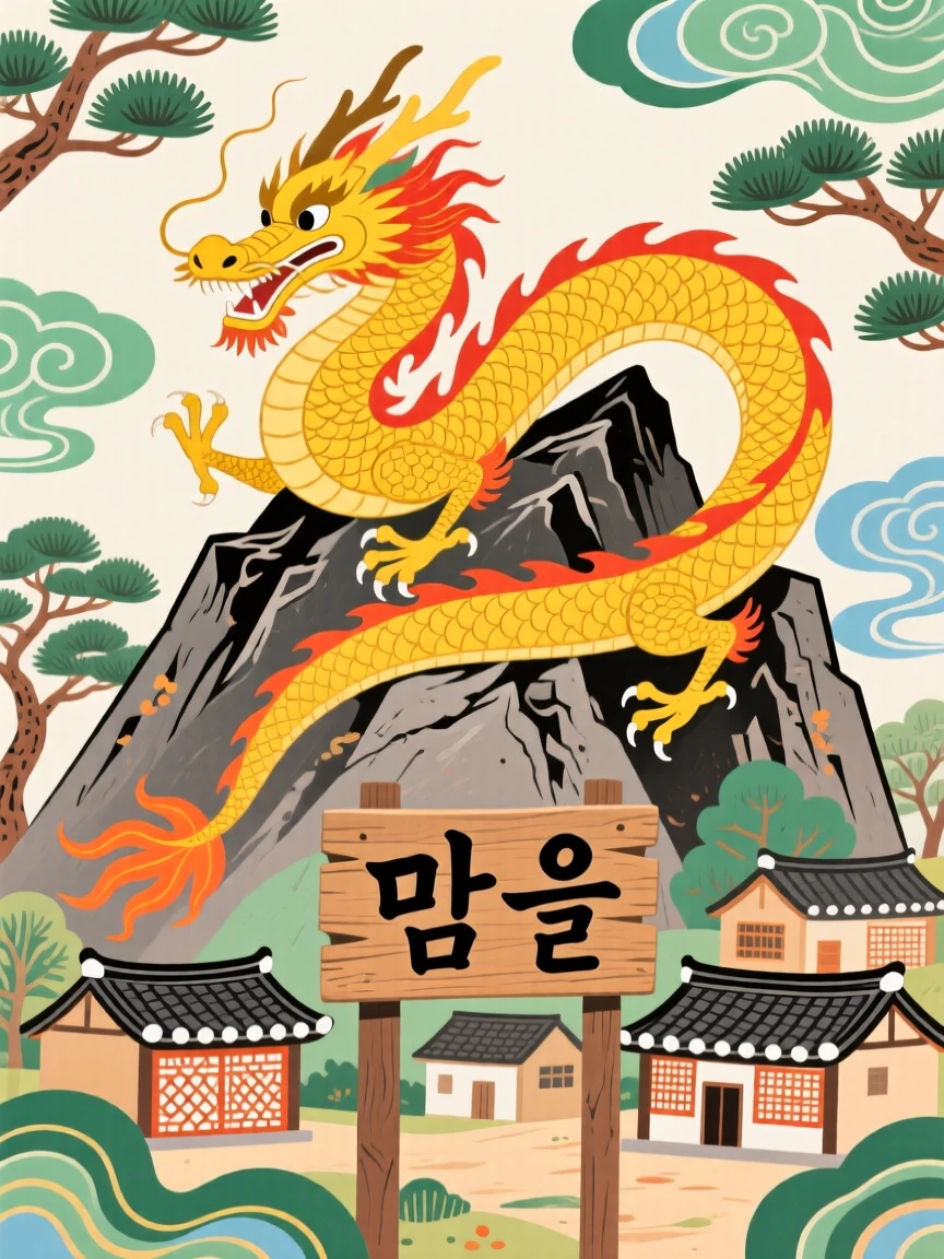 A golden dragon, watching over a village from a mountain peak.