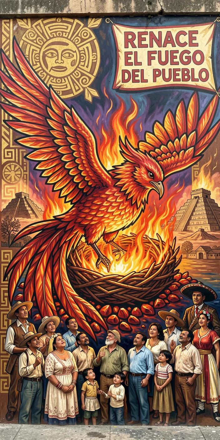 A mythical firebird nesting among glowing coals