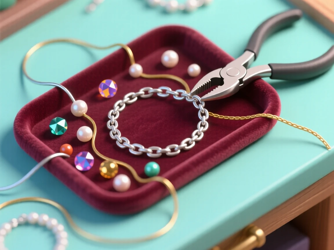 A jewelry making workshop with beads and wire spread across a velvet tray, pliers shaping a delicate bracelet.