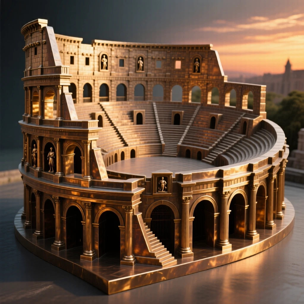 A classical roman amphitheater bathed in sunset light, captured with dramatic, sweeping perspective, exuding timeless grandeur