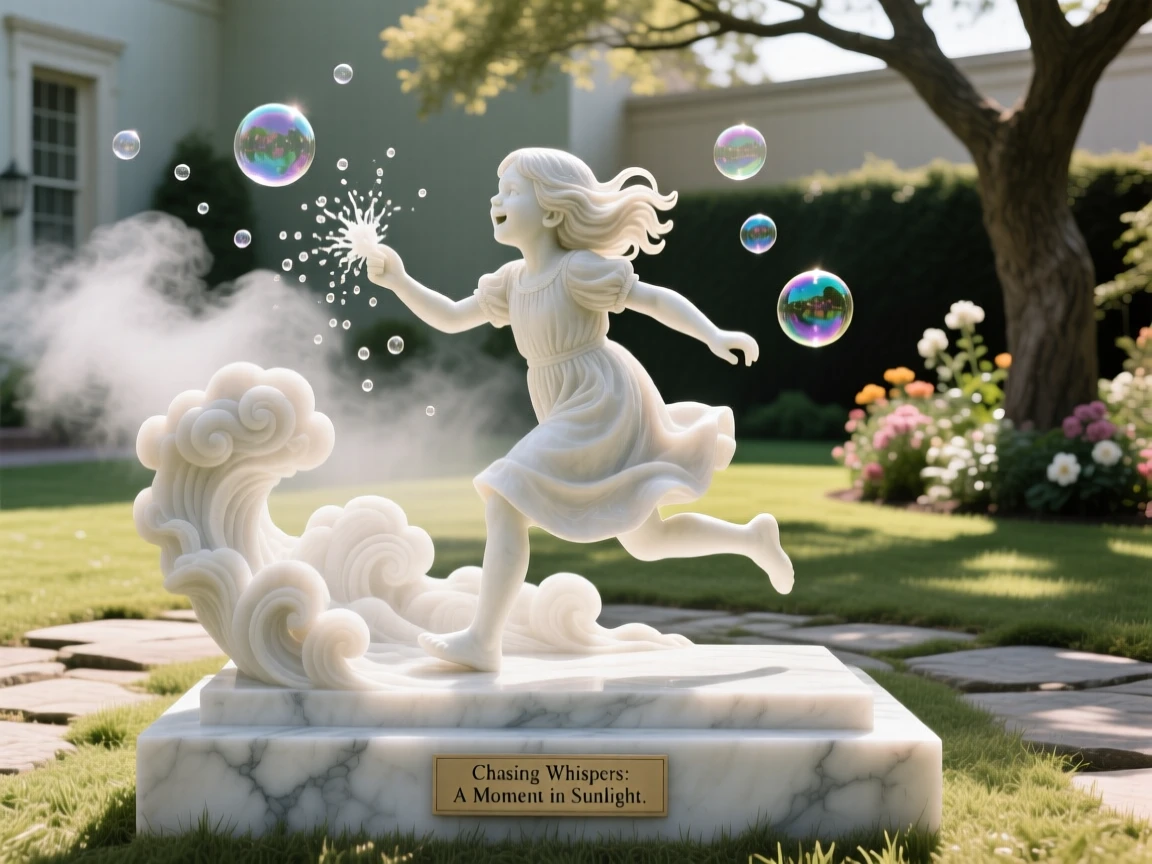 An evocative depiction of a young girl chasing bubbles in a sunlit yard, amid swirling clouds and mist, balancing detail with emotional depth