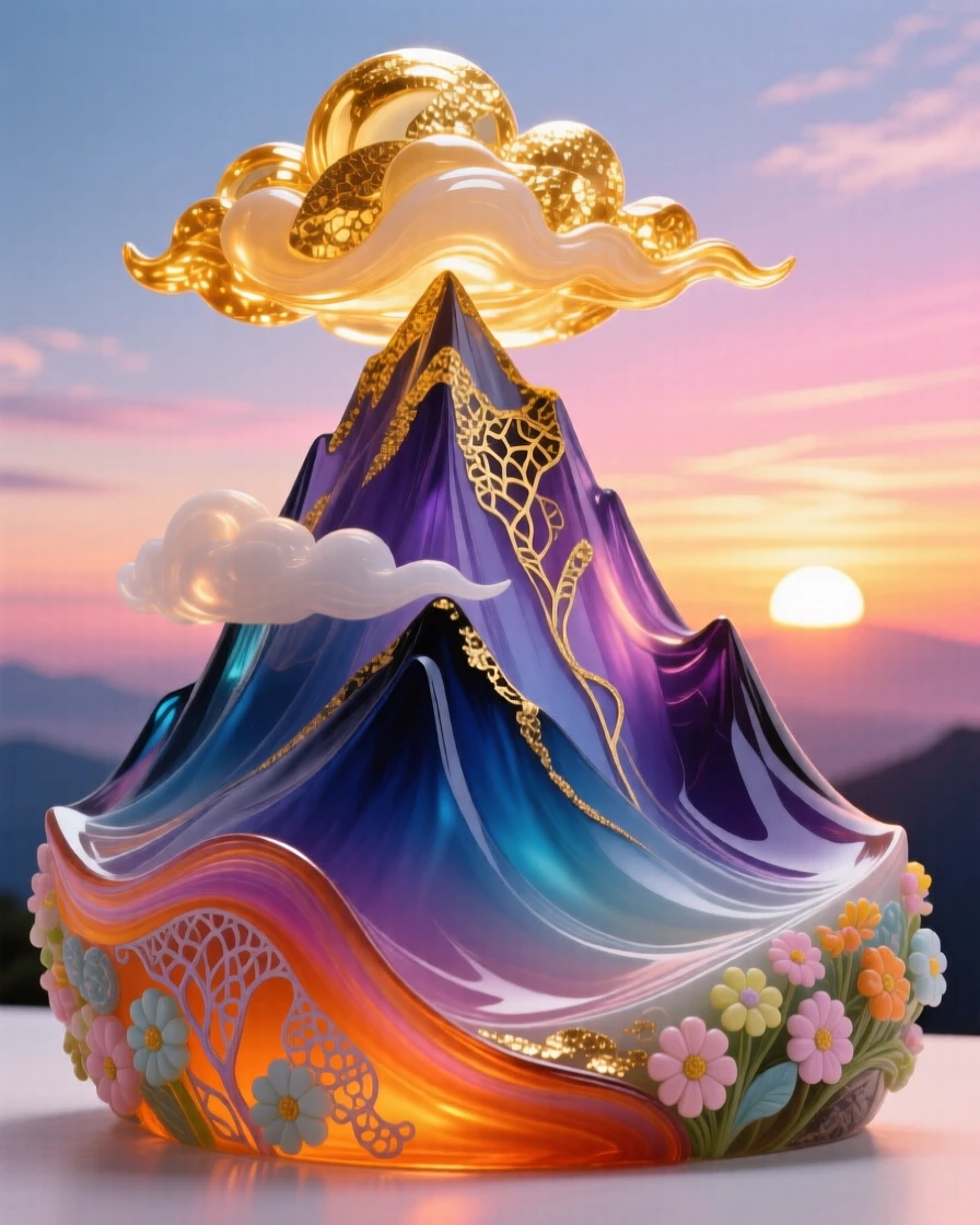 A mountain peak wearing a crown of golden clouds at sunrise, majestic and symbolic.