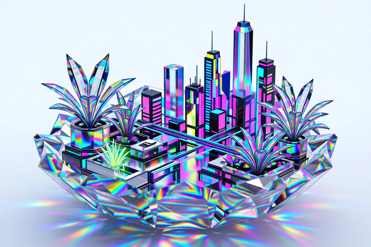A neon-drenched rooftop garden overlooking a sprawling futuristic metropolis.