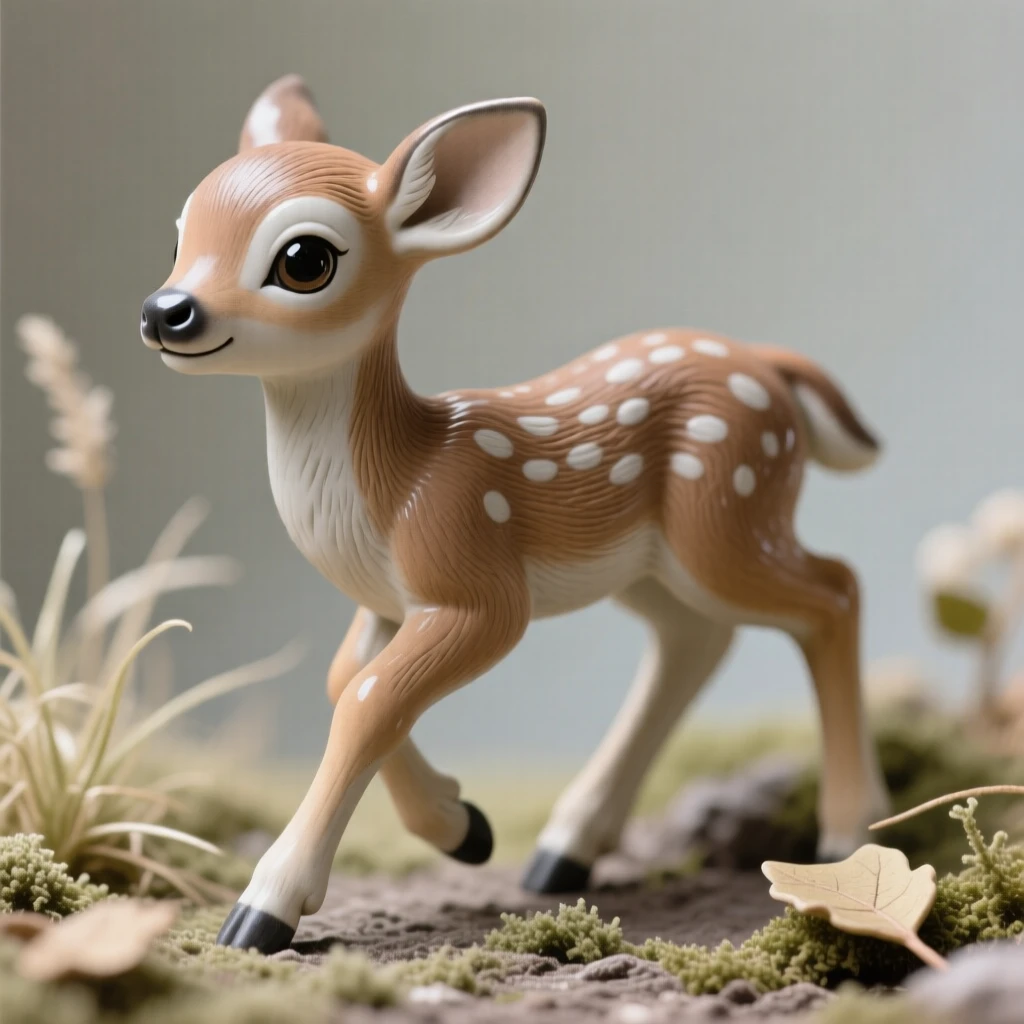A wide-eyed baby deer taking its first wobbly steps posed with an adorably curious tilt of the head, surrounded by soft, cozy textures, evoking pure, heartwarming sweetness.