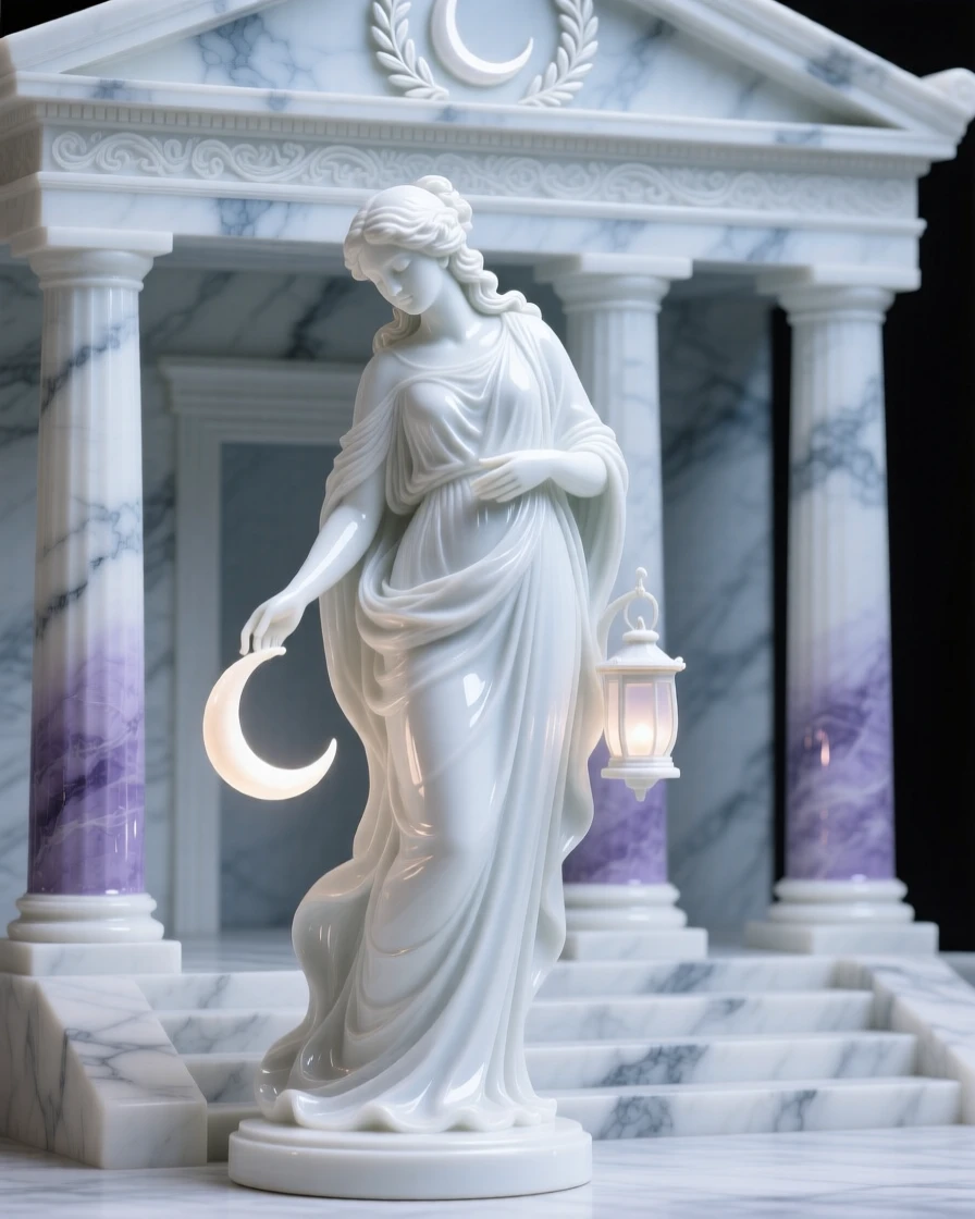 A mythological moment: the goddess of the moon gathering in a marble temple, rendered with timeless, classical grace.