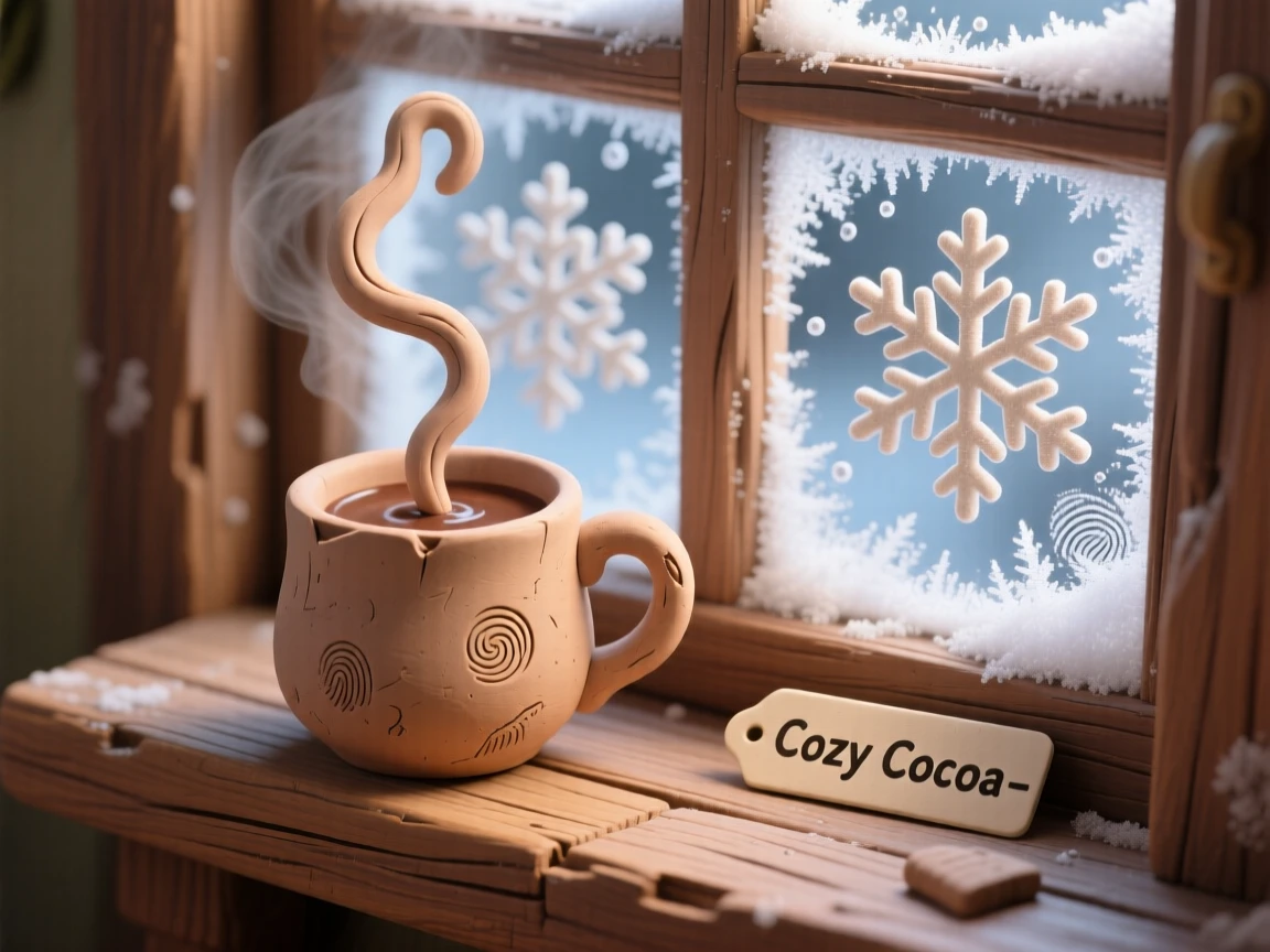 A steaming mug of cocoa beside a window frosted with snowflakes