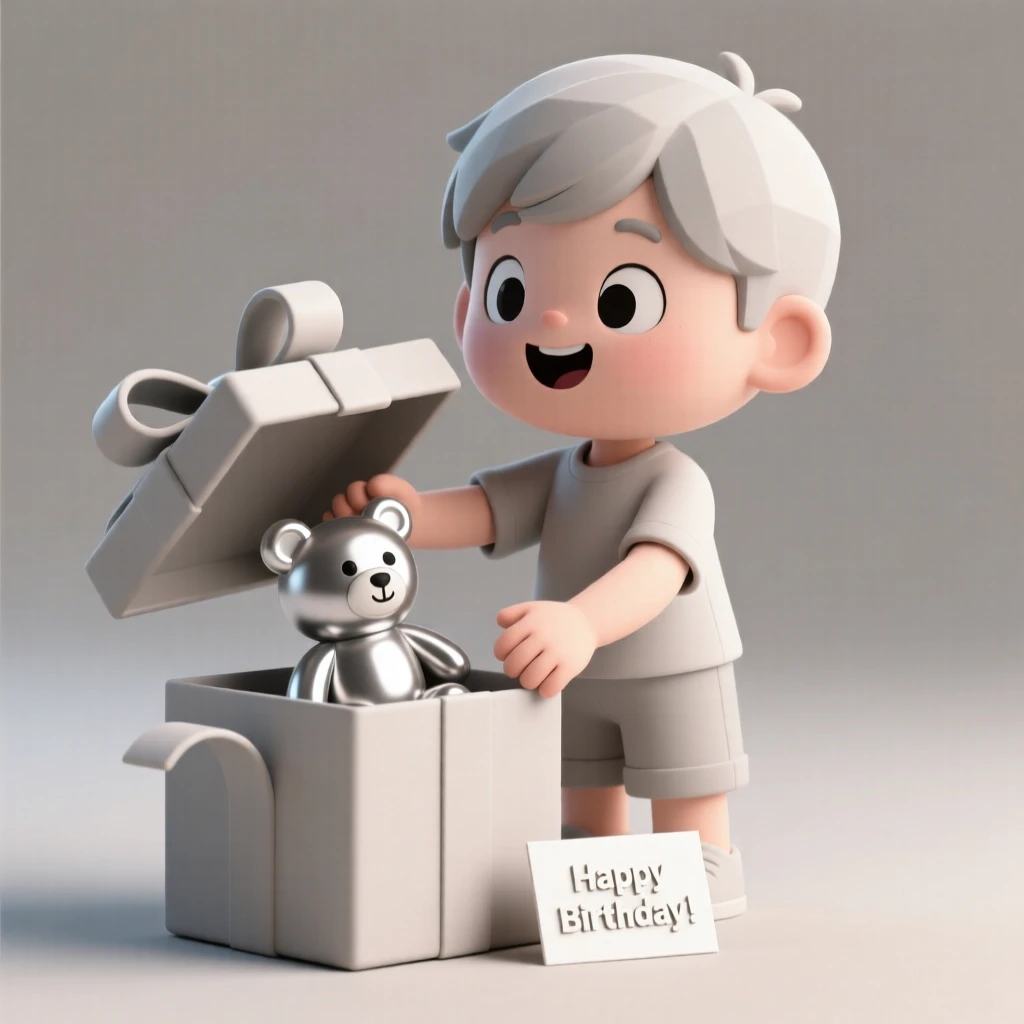 A delighted child unwraps a birthday present, eyes wide with surprise at a shiny new toy inside.