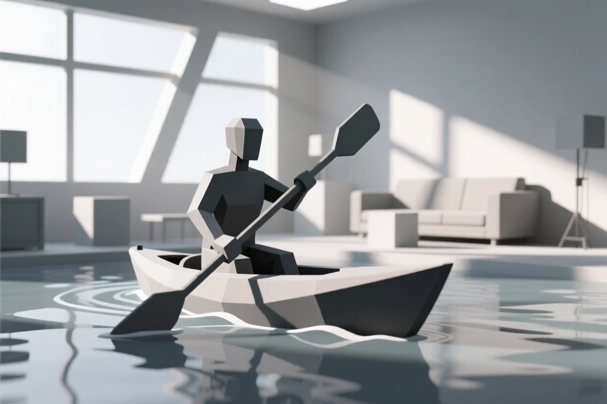 A kayaker paddling through calm turquoise water, in a cozy sunlit studio. a shallow depth of field keeps the action sharply in focus. The scene feels energetic and inspiring.