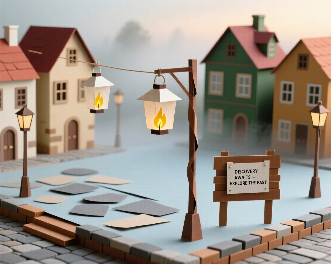 A historic old town square quiet and misty at early dawn, with lanterns swaying gently in the breeze, capturing a sense of discovery and adventure.