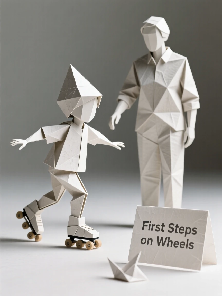 A child's first attempt at rollerskating, arms outstretched for balance, parent nearby.