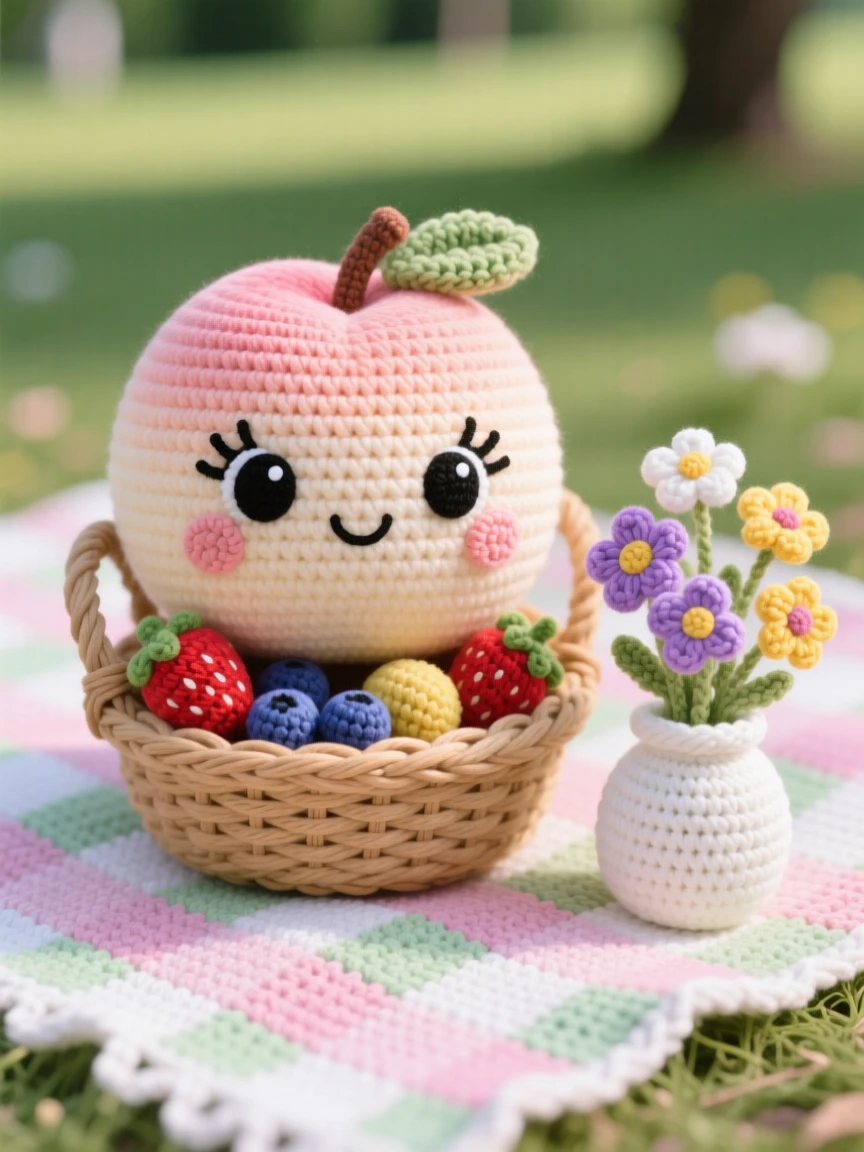 a round nectarine character, with a smooth blushing skin, is shown resting in a summer fruit basket on a checkered picnic blanket in a park beside a small vase of wildflowers on the table, capturing a cozy sense of shared treats.