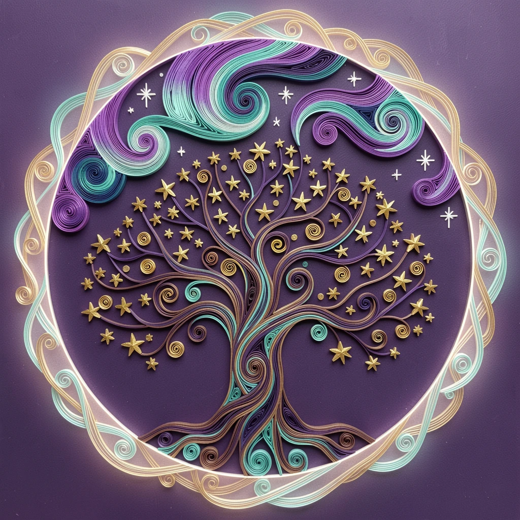 a celestial tree with branches full of tiny stars, beneath a sky swirling with the northern lights, framed with a dreamlike glowing halo of light, in a glowing palette of violet, teal, and gold.