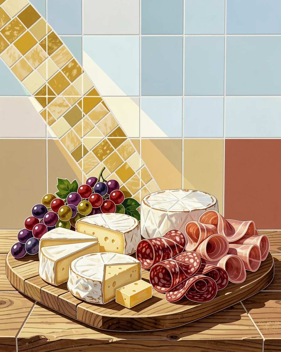 A rich charcuterie board with cheeses, grapes, and cured meats, styled beautifully with warm natural window light.