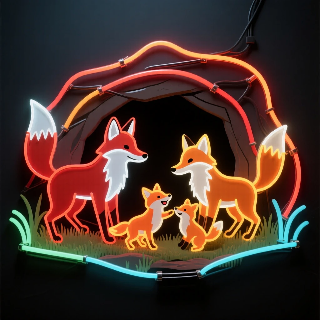 A family of foxes playing together outside their den.