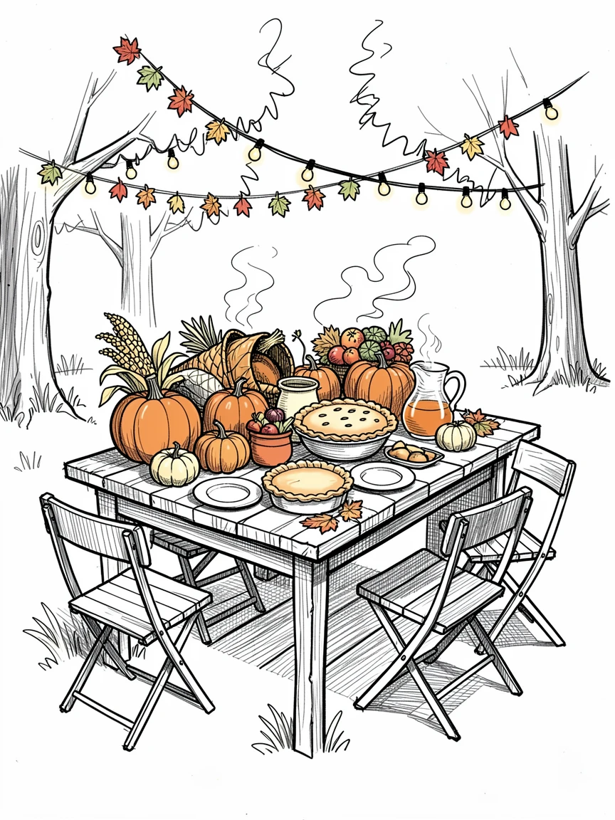 A table set for a harvest feast in a backyard decorated for a celebration.