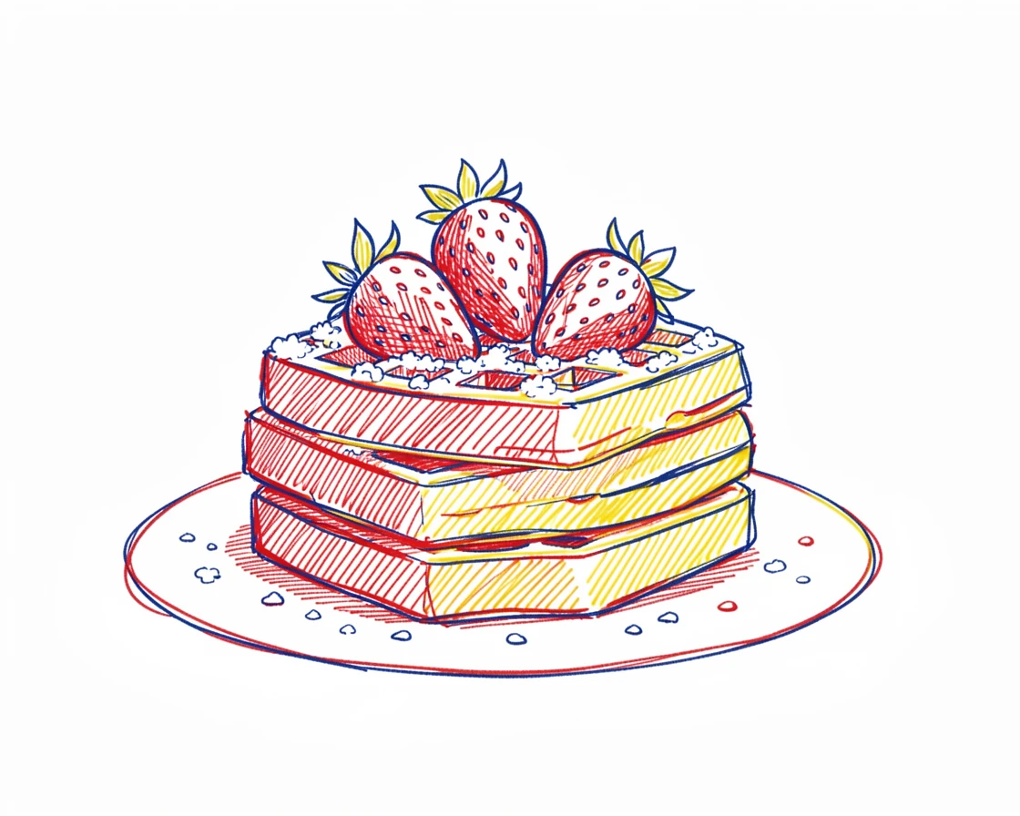 A stack of waffles topped with fresh strawberries and powdered sugar