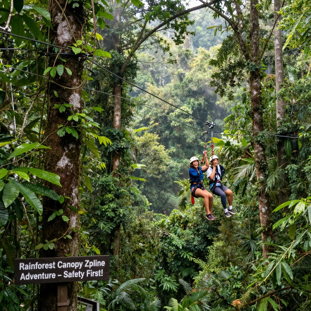 A treetop zipline adventure through a rainforest canopy