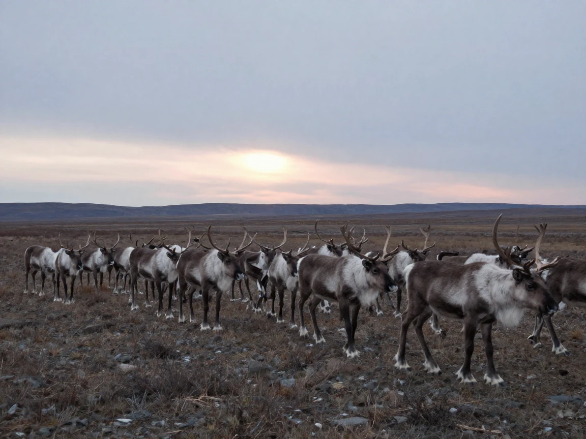A herd of caribou migrates across a vast tundra under a pale arctic sun.