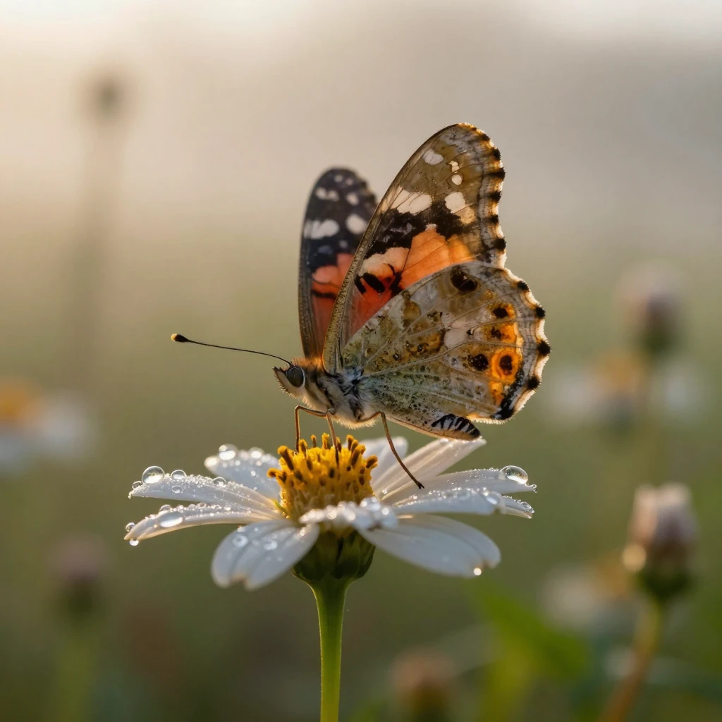 A butterfly resting delicately on a dew-covered flower petal in early morning light