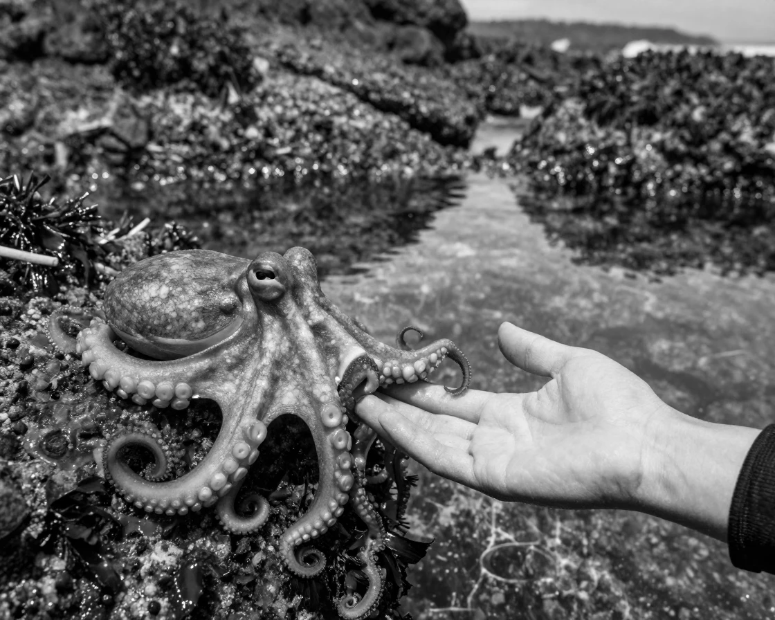 A curious octopus reaches a tentacle toward a diver's hand in a rocky tidal pool.