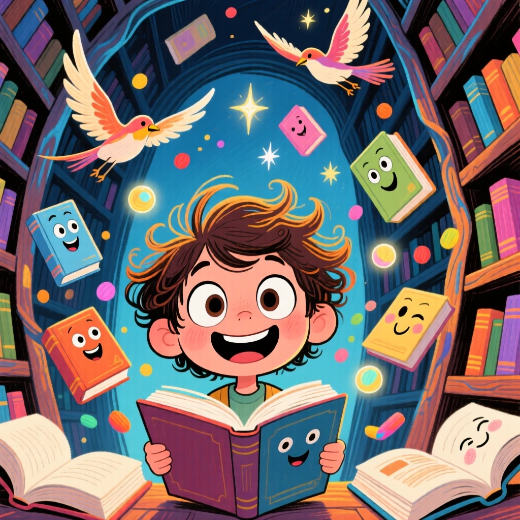 A mystical library where books float and flutter like birds around a young reader.