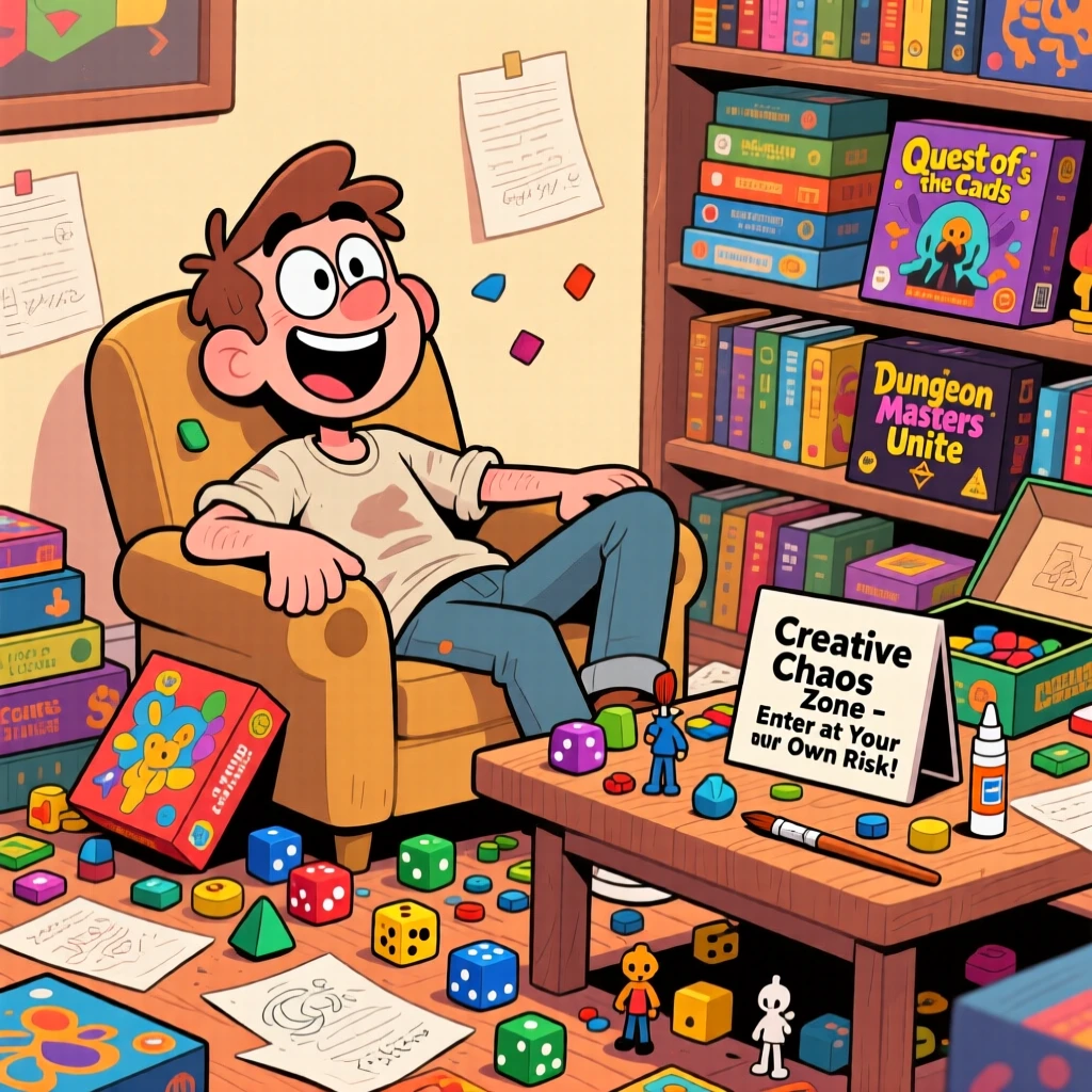 An everyday-life snapshot of an eager board game collector, taking a well-deserved break, covered in the mess of creativity, surrounded by a delightful mess of supplies.