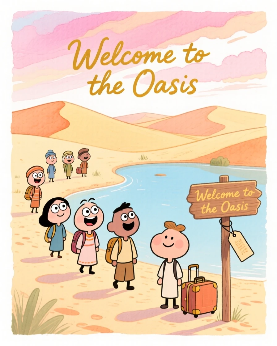 A dreamy travel postcard scene of a desert oasis surrounded by golden sand dunes under a dramatic pastel sky