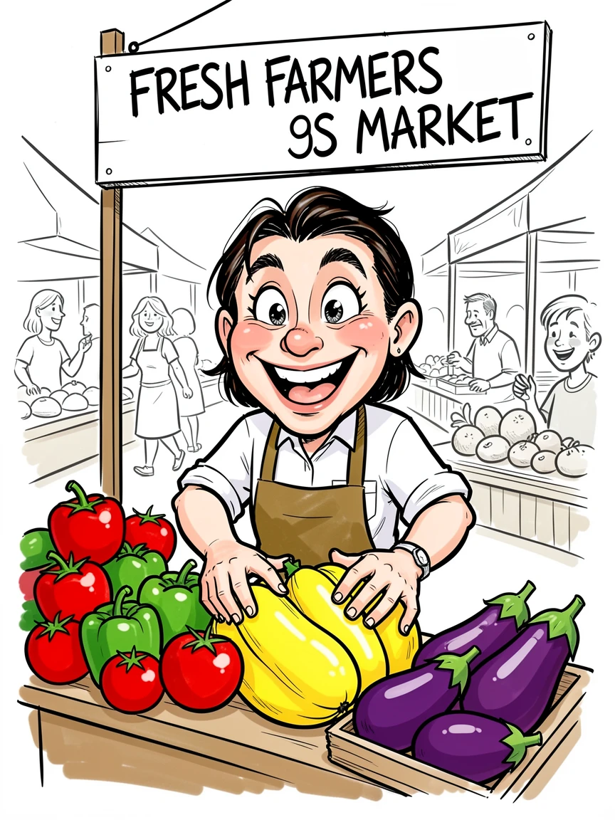 [Trending & Universal Topics] Modern lifestyle scene of a farmers market vendor arranging a colorful stand of fresh produce, capturing everyday joy