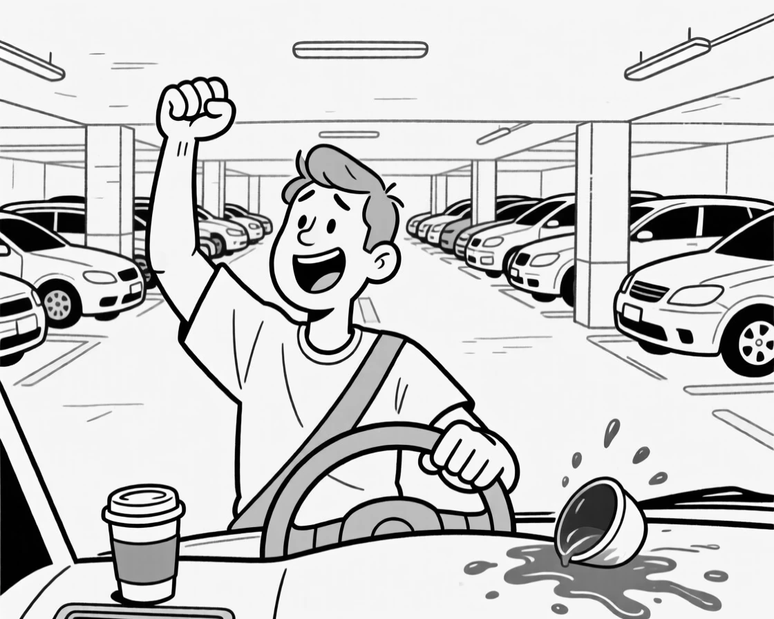 A person doing a triumphant fist pump after finding a parking spot, cranking the wheel back and forth for the tenth time, set in a crowded parking garage. Coffee sloshes dangerously close to spilling. It's the kind of relatable blunder everyone secretly recognizes.