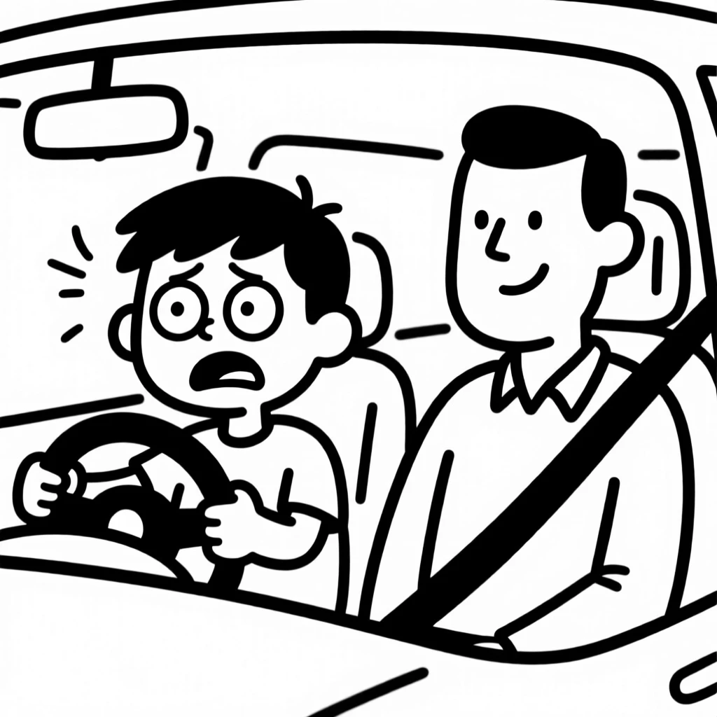 A driving student gripping the wheel nervously with an instructor calmly coaching beside them.