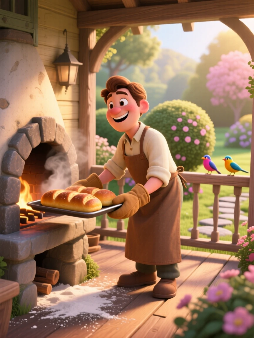 A baker pulling a fresh tray of bread from the oven is captured on a porch overlooking a quiet garden, with warm morning light spilling across the scene. The mood is calm, familiar, and quietly delightful.