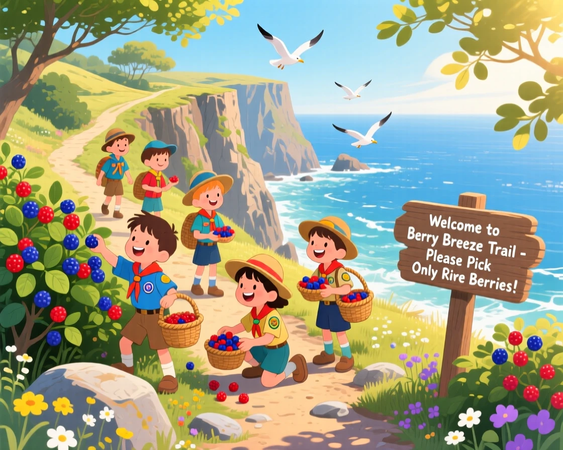 In a coastal cliffside trail, an adventurous scout troop is picking wild berries along a sunny trail, as sunlight filters through the leaves.
