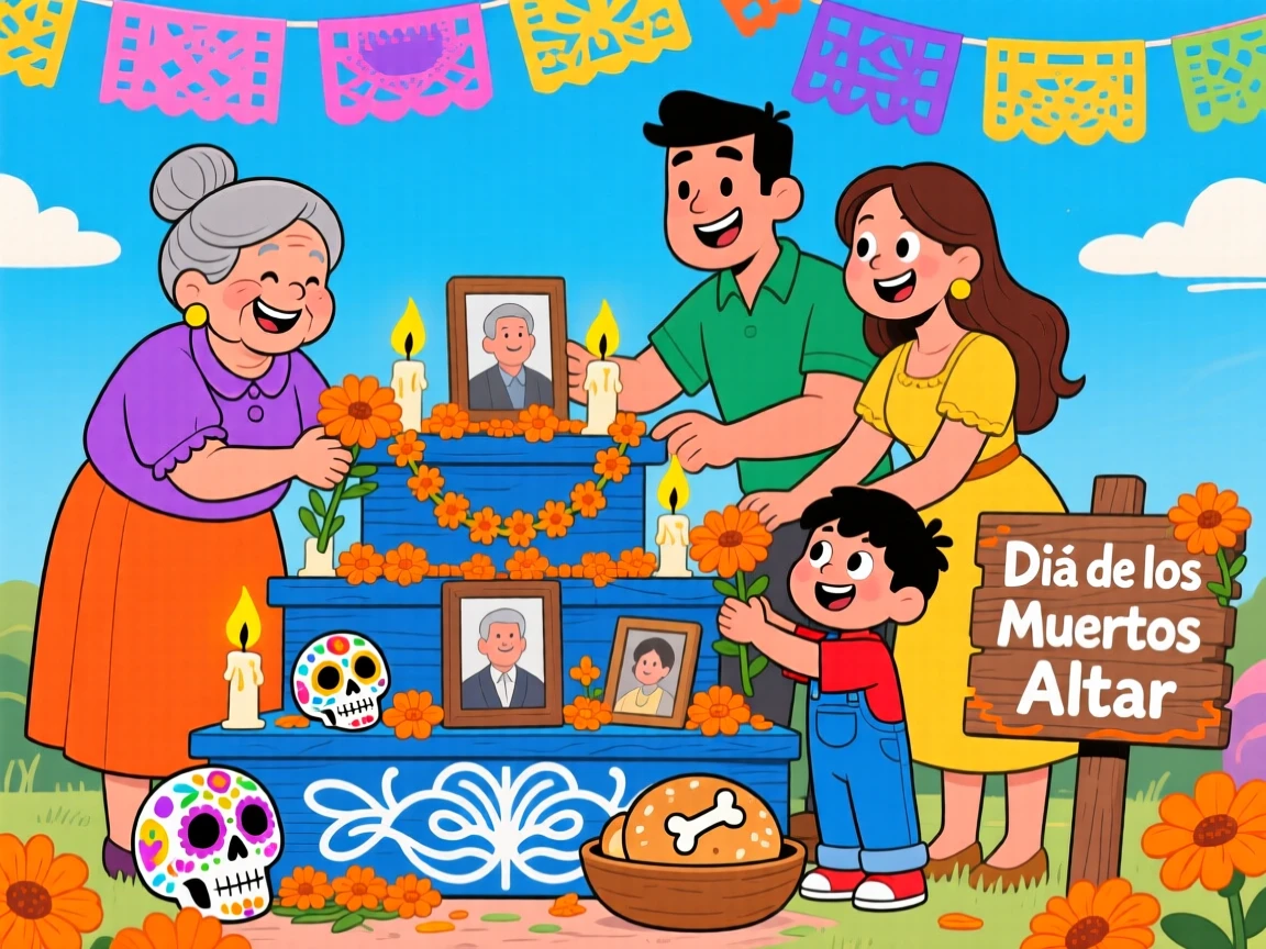 A family building an altar with marigolds for Day of the Dead.