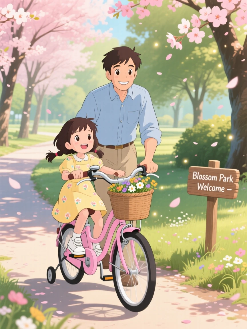 A father teaching his daughter to ride a bicycle, the scene peacefully content.
