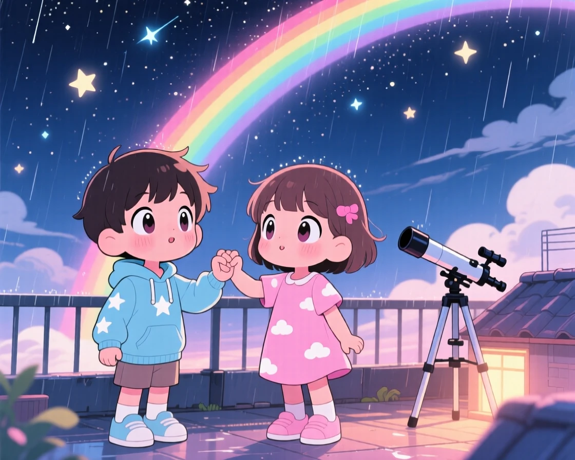 Full-body shot: two children, pinky-promising beneath a starry sky, set against a rooftop stargazing spot under a rainbow after the rain, with bright rainbow-tinted light and a mood of wide-eyed wonder.