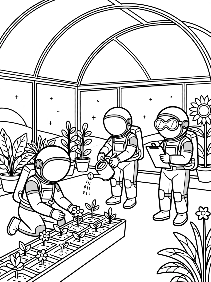 A group of astronauts planting a garden inside a space greenhouse