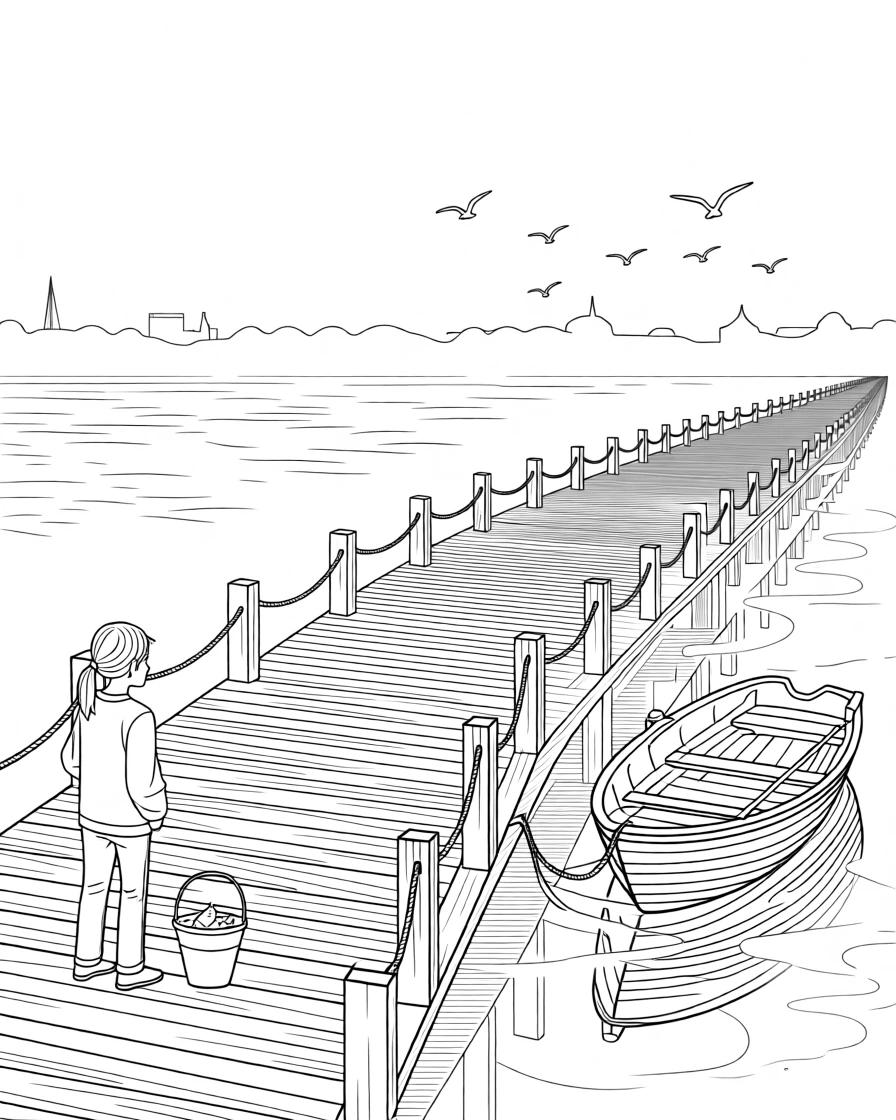 A foggy pier stretching into a still harbor at dawn, with reflections shimmering on the water's surface.