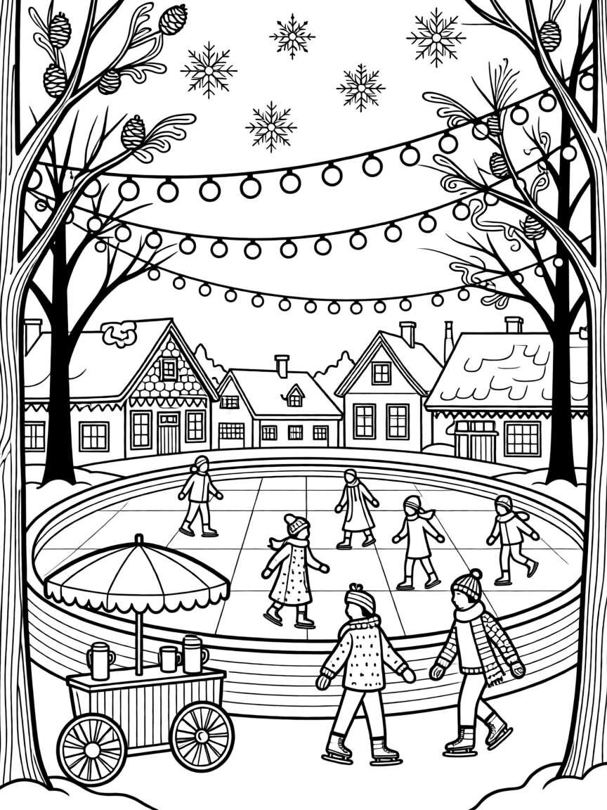 A winter ice skating rink scene beneath twinkling string lights.