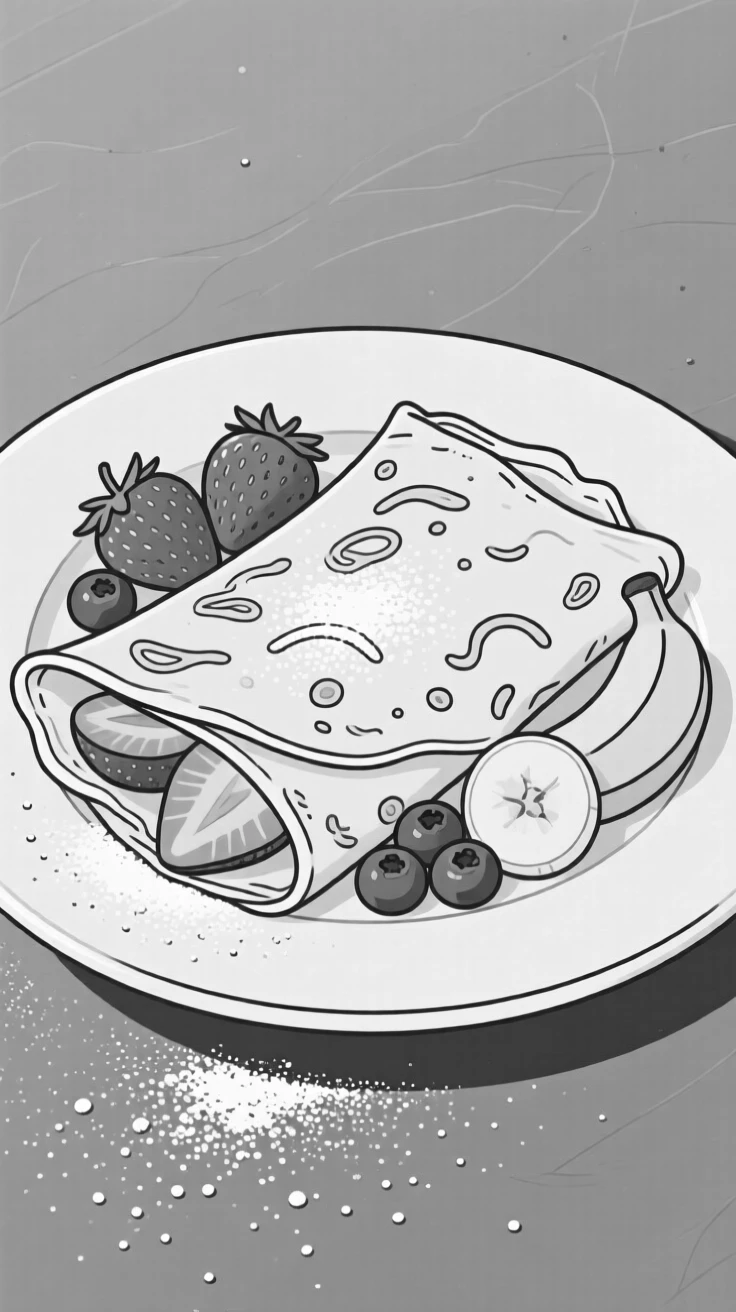 A plate of crepes filled with fruit and dusted with sugar